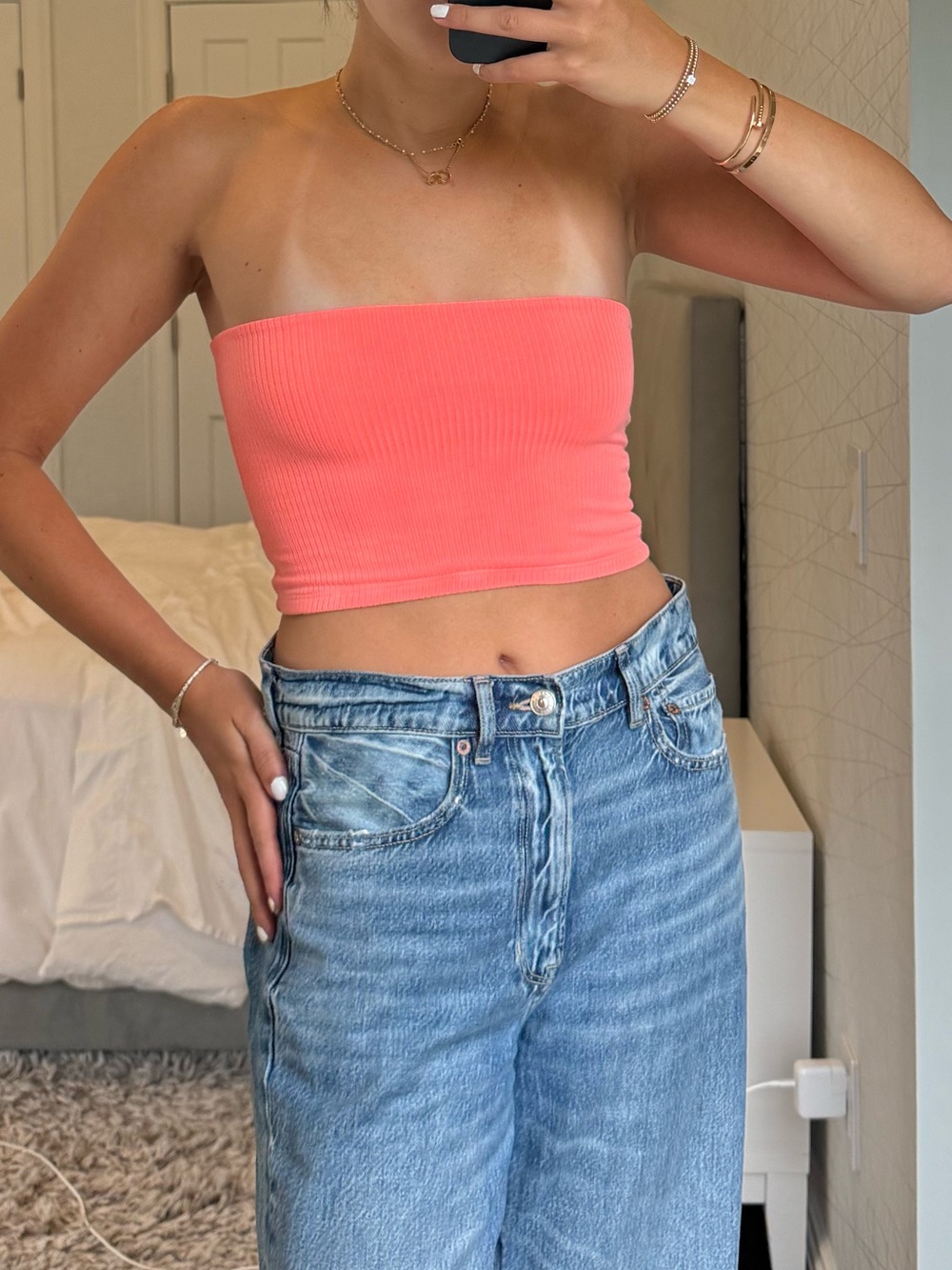 Strapless Ribbed Coral Tube Top - Women's Crop Top